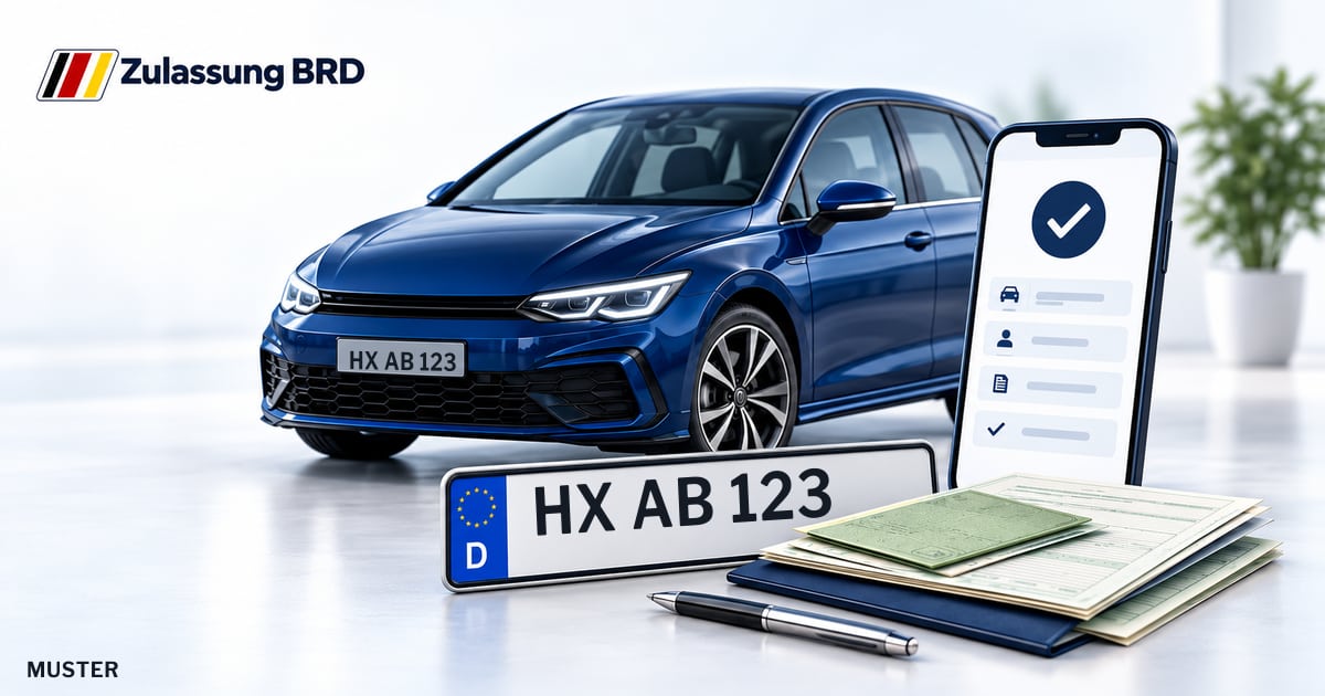 Online Fahrzeugzulassung in Steinheim: Musterkennzeichen HX AB 123, Auto und Fahrzeugpapiere und Smartphone. Illustration mit Logo von Zulassung BRD.